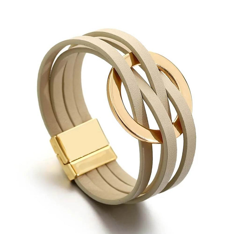 Pulseira Solarie | Couro Envoltório & Elo Dourado