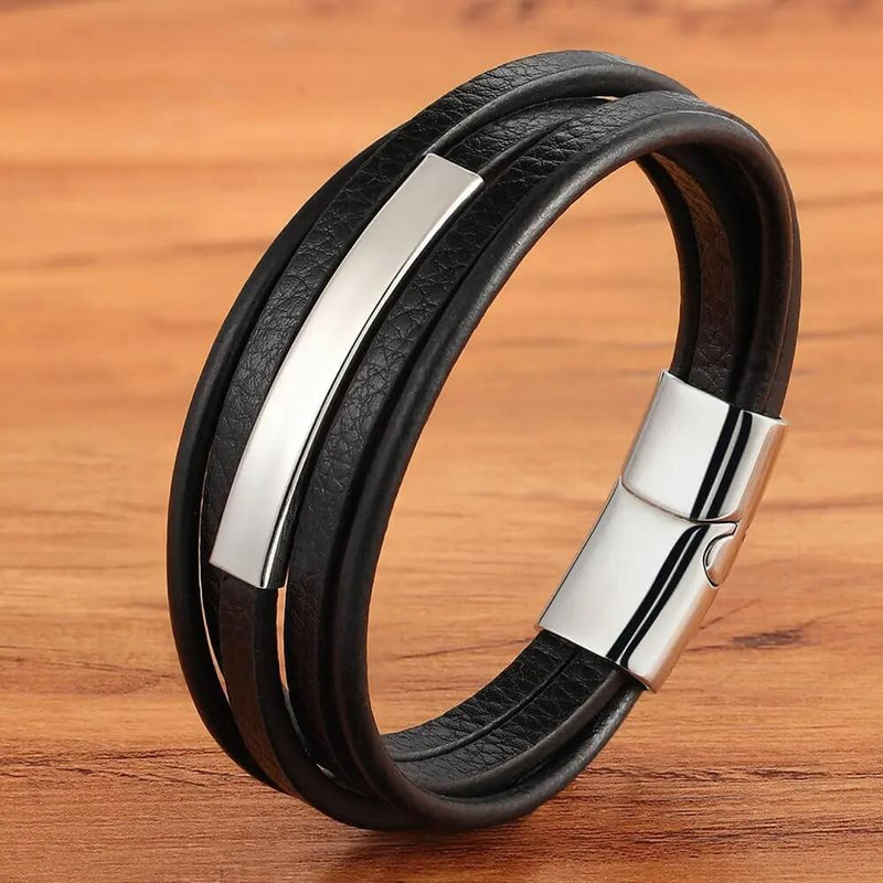 Pulseira Eixo de Aço | Couro Multicamadas & Estilo Minimalista