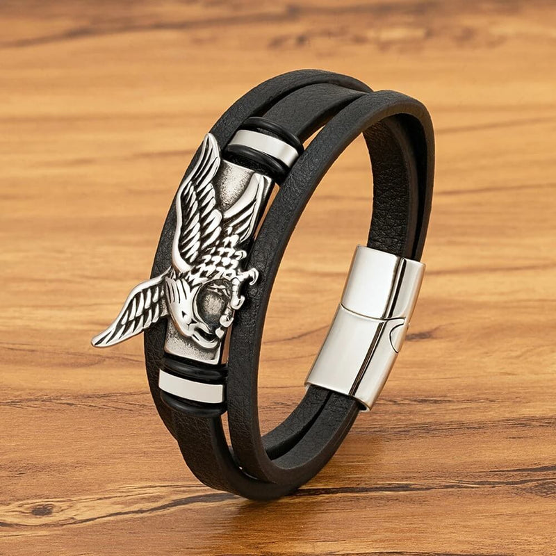 Pulseira Sky Hunter | Águia de Aço & Couro Triplo