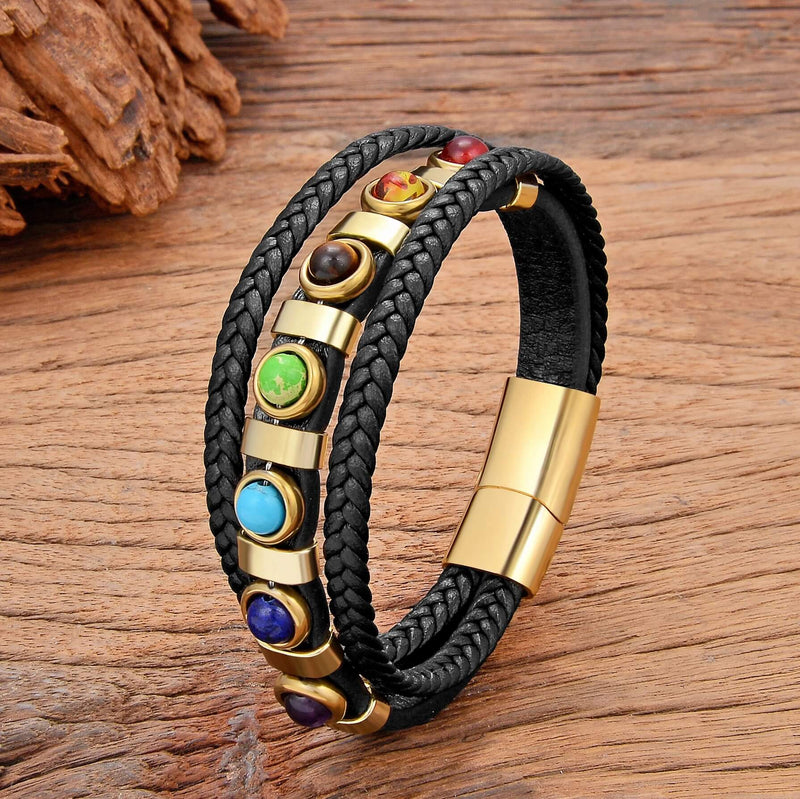 Pulseira Elementus | Couro Trançado & Contas em Arco-Íris