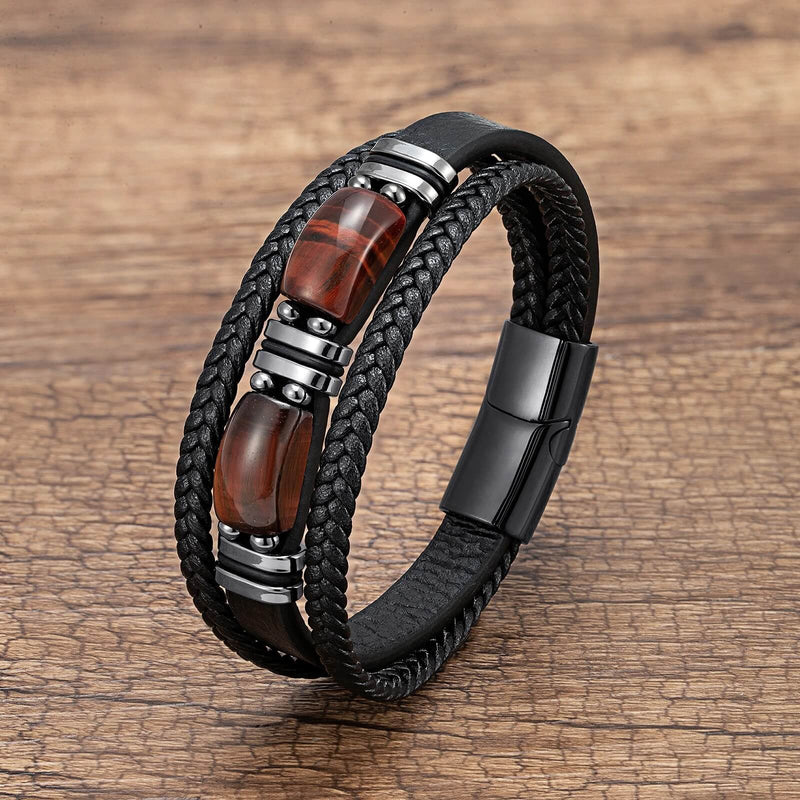 Pulseira Double Orion | Couro Triplo & Pedra Natural