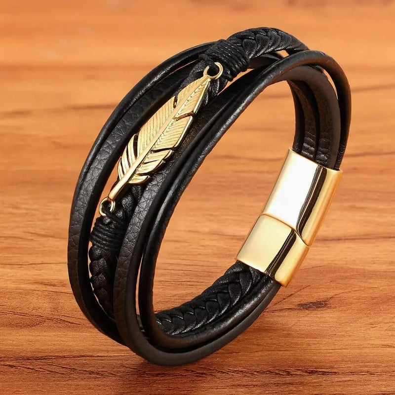 Pulseira Veyron | Pena de Aço & Couro Multicamadas