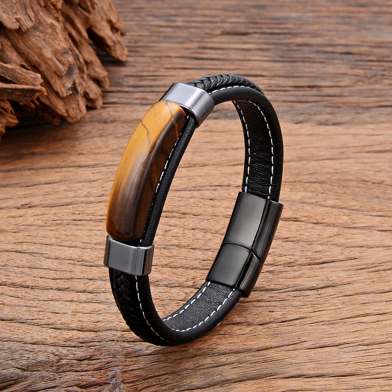 Pulseira Tauren | Couro Trançado & Pedra Natural