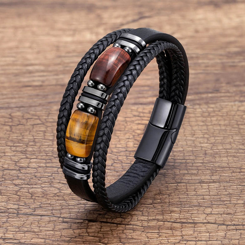 Pulseira Double Orion | Couro Triplo & Pedra Natural