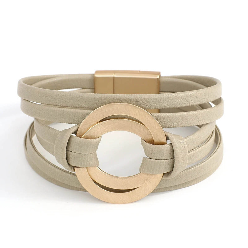 Pulseira Laço Solar | Couro Envoltório & Círculos Dourados