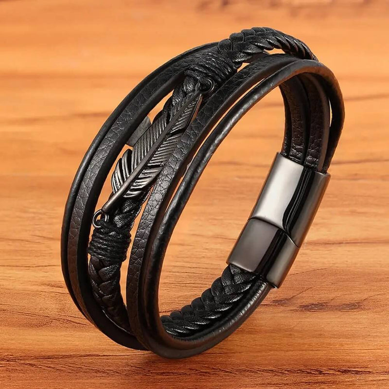 Pulseira Veyron | Pena de Aço & Couro Multicamadas