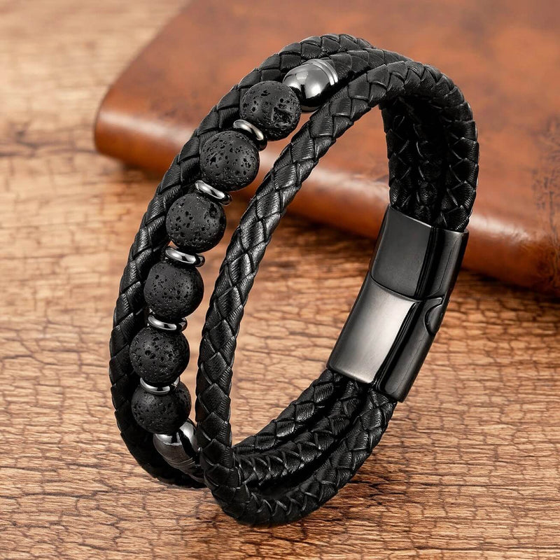 Pulseira Vulcano | Couro Triplo & Contas de Pedra Natural