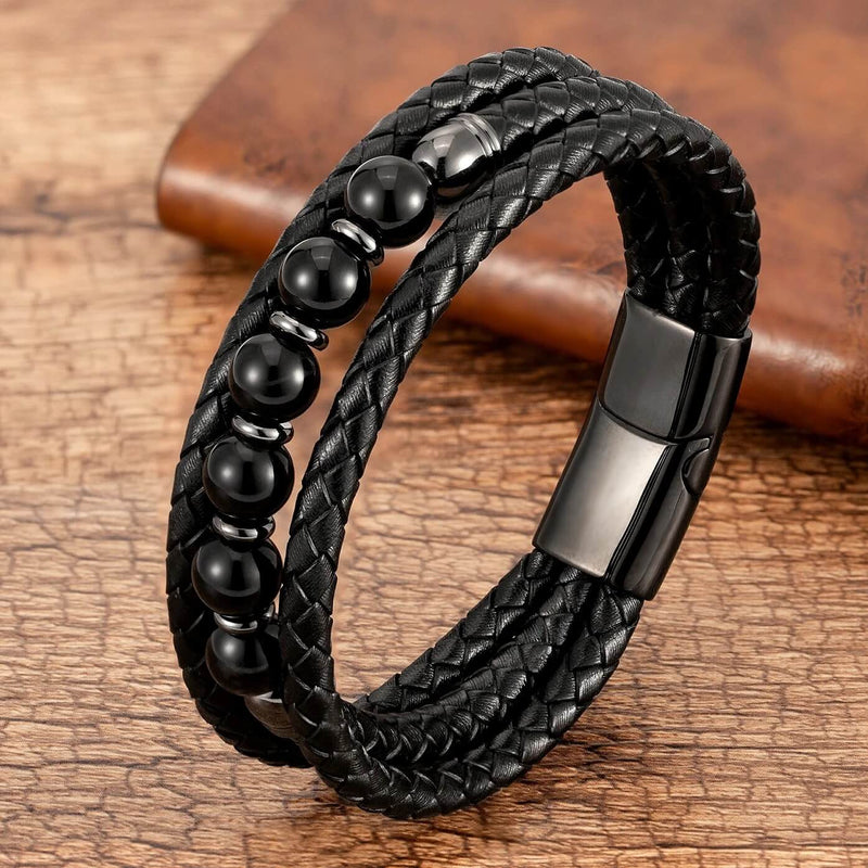 Pulseira Vulcano | Couro Triplo & Contas de Pedra Natural