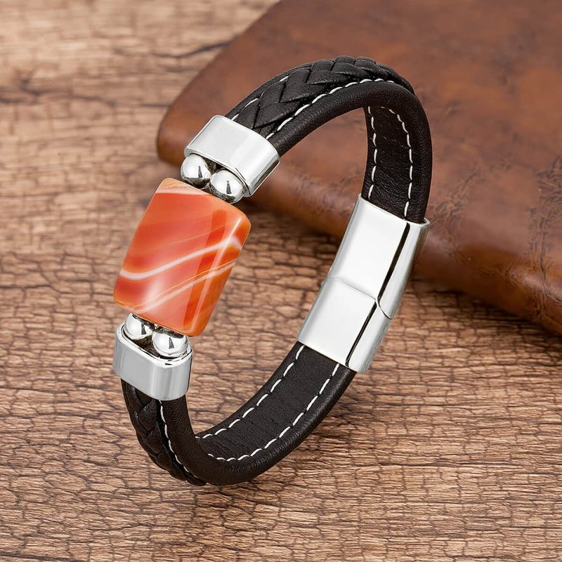 Pulseira Magnum | Couro Trançado & Pedra Geométrica